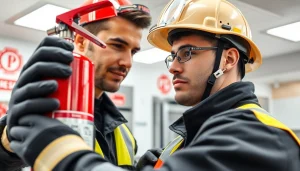 Technician performing fire extinguisher service in a commercial kitchen setting.