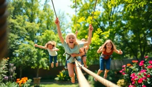 Kids and adults having fun on a GARDEN ZIP WIRE KIT in a bright backyard.