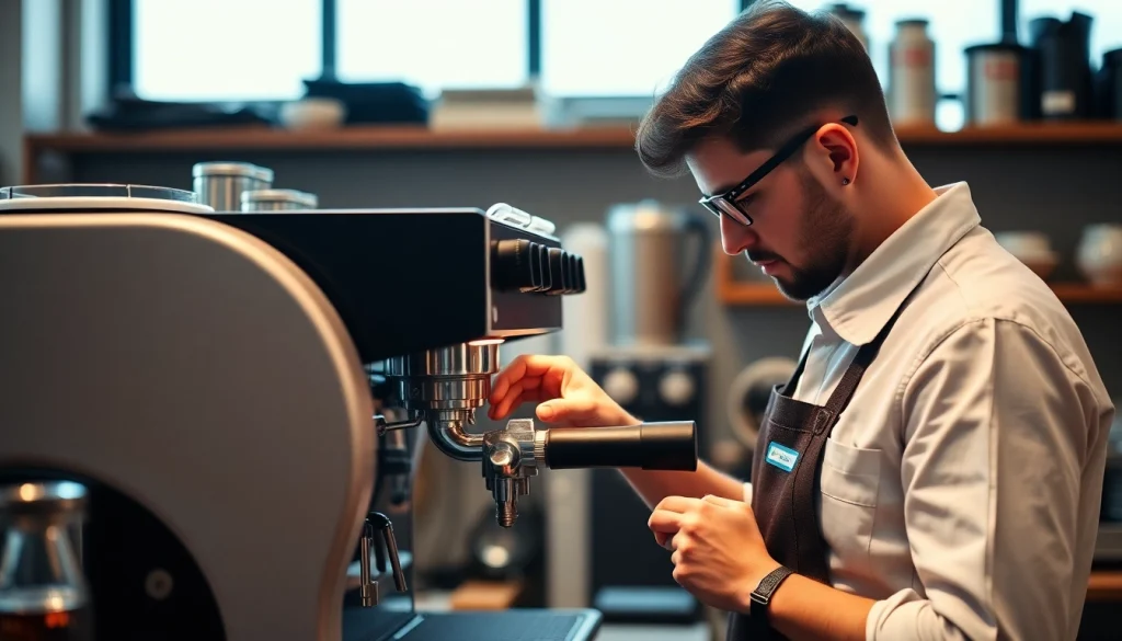 Cimbali teknik servis technician performing repairs on an espresso machine in a modern workshop.