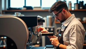 Cimbali teknik servis technician performing repairs on an espresso machine in a modern workshop.