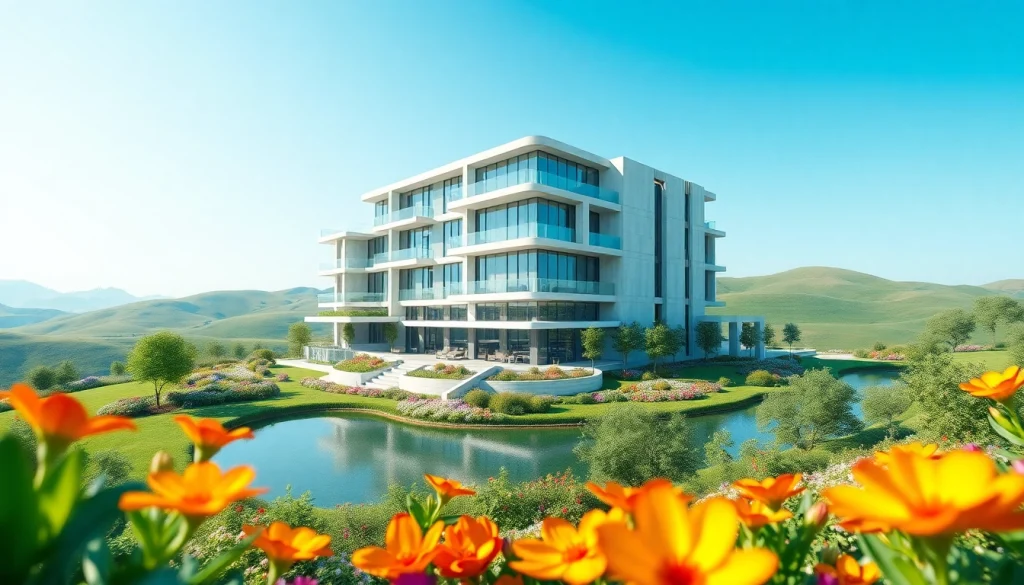 Architektur Visualisierung eines modernen Wohngebäudes mit 3D-Elementen in einer ruhigen Landschaft.