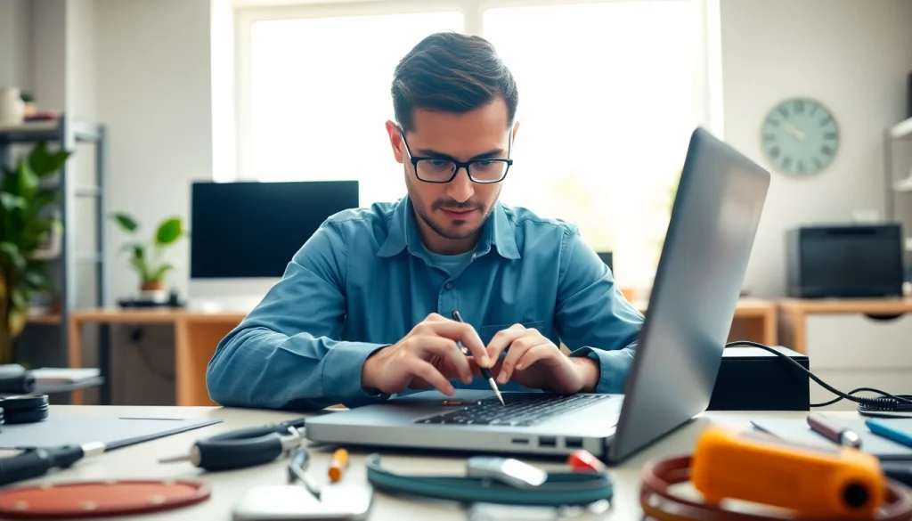 Providing computer help near me with expert technician fixing a laptop in a modern workspace.