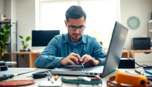 Providing computer help near me with expert technician fixing a laptop in a modern workspace.