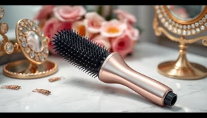 Showcasing a high-quality Blow Dryer Brush among elegant accessories on a marble vanity.
