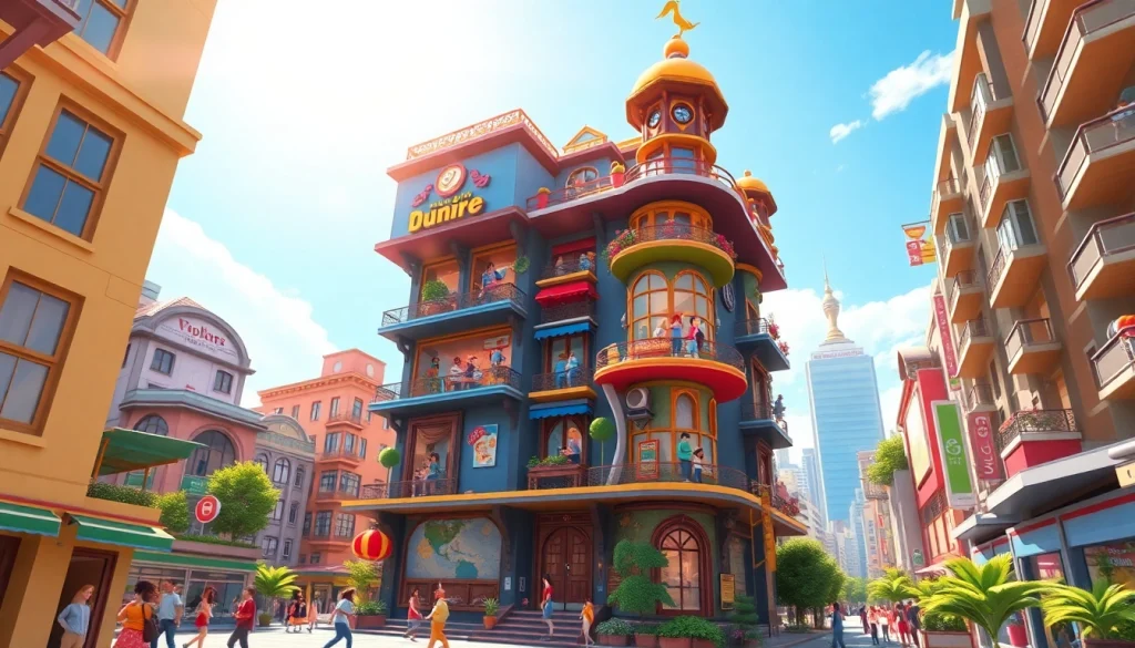 Experience the vibrant architecture of a sim tower filled with activity and creativity.