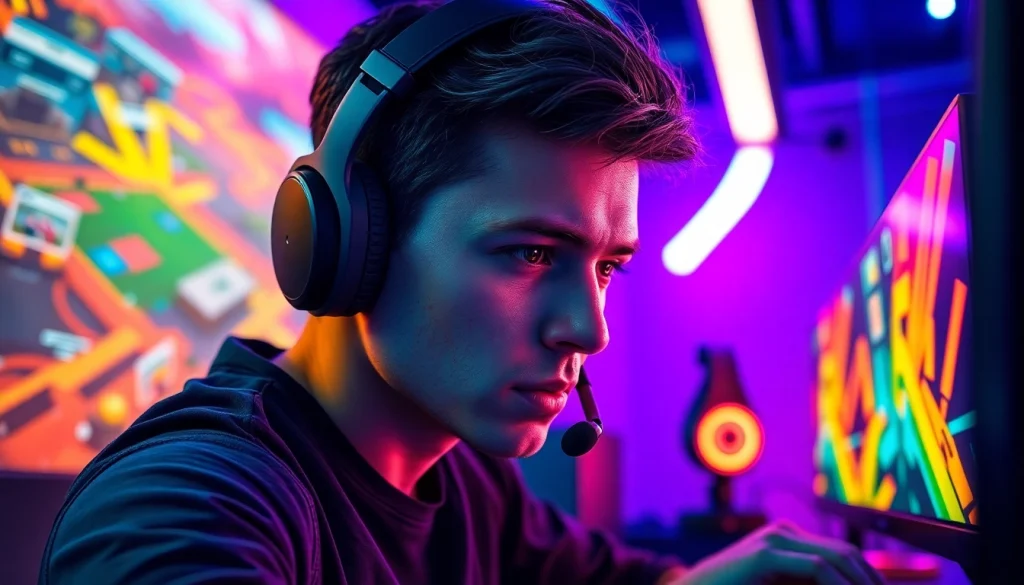 Menggambarkan permainan online yang dinamis dengan gamer fokus dan peralatan gaming canggih.