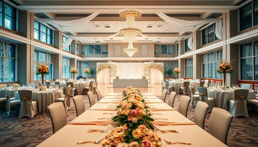 Set up for a wedding at city venue event center, showcasing an elegant banquet layout.
