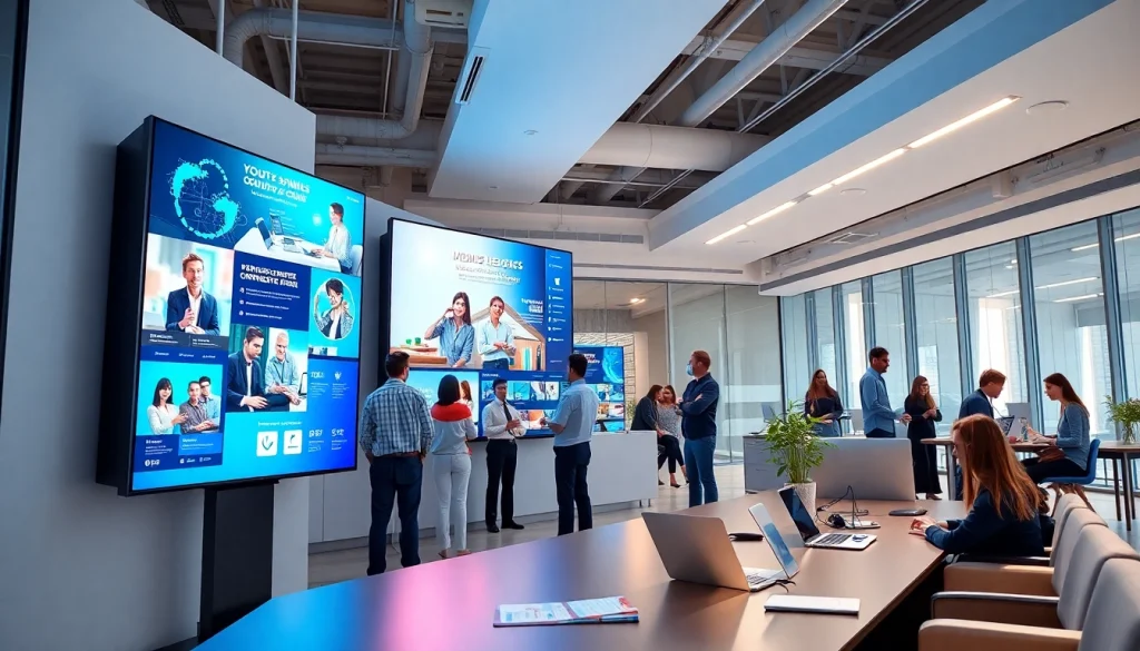 Showcasing a Cloud-based digital signage solution in a vibrant office setting with user engagement.