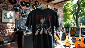 A stylish beatles abbey road shirt displayed against an artistic background of memorabilia.