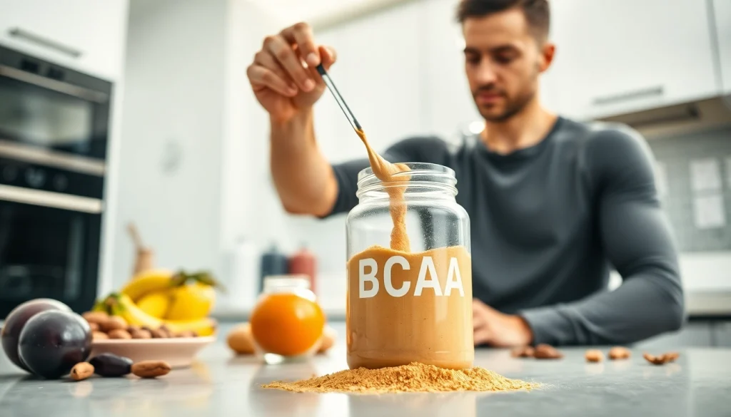 Bcaa tozunu karıştıran sporcu, sağlıklı yaşam tarzını sembolize ediyor.