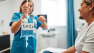 Understanding what is nad iv therapy with a nurse preparing treatment in a calming medical setting.