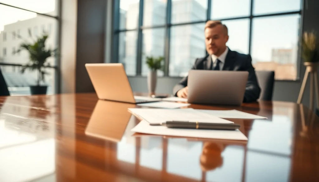 A professional eminent domain lawyer consulting with a client in a modern office.