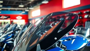 Explore motorcycle windshields in a sleek showroom showcasing various designs and styles.