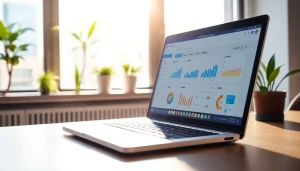 Illustration of social media and blog automation tools on a laptop in a modern office setting.