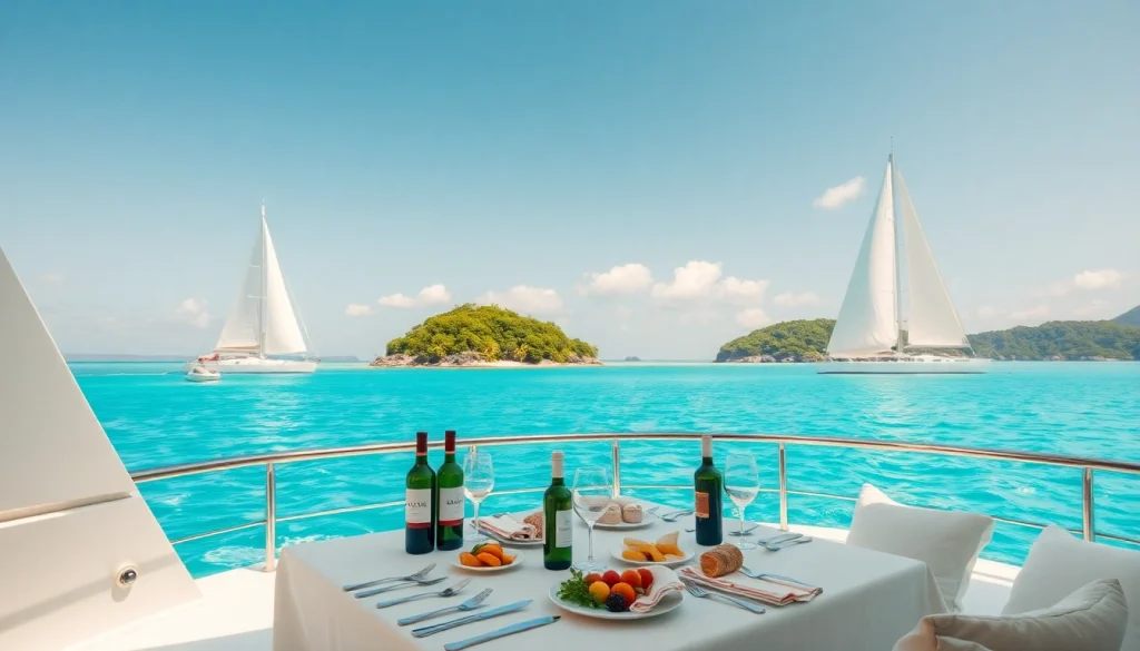 Indulge in luxury travel aboard a private yacht with gourmet dining and tropical views.