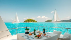 Indulge in luxury travel aboard a private yacht with gourmet dining and tropical views.
