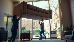 Brooklyn movers expertly lifting furniture into a bright apartment with urban skyline views.