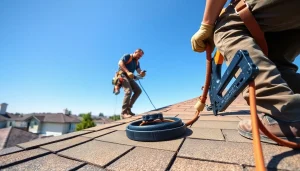 Professional roof repair Vancouver Wa being conducted on a pitched roof, showcasing tools and suburban setting.