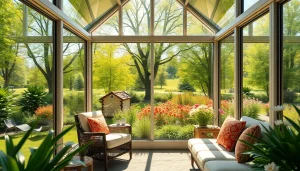 Enjoy the beauty of a four season sunroom filled with natural light and lush greenery.