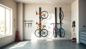 Showcasing a space-saving bike rack efficiently storing multiple bikes in a modern garage setting.
