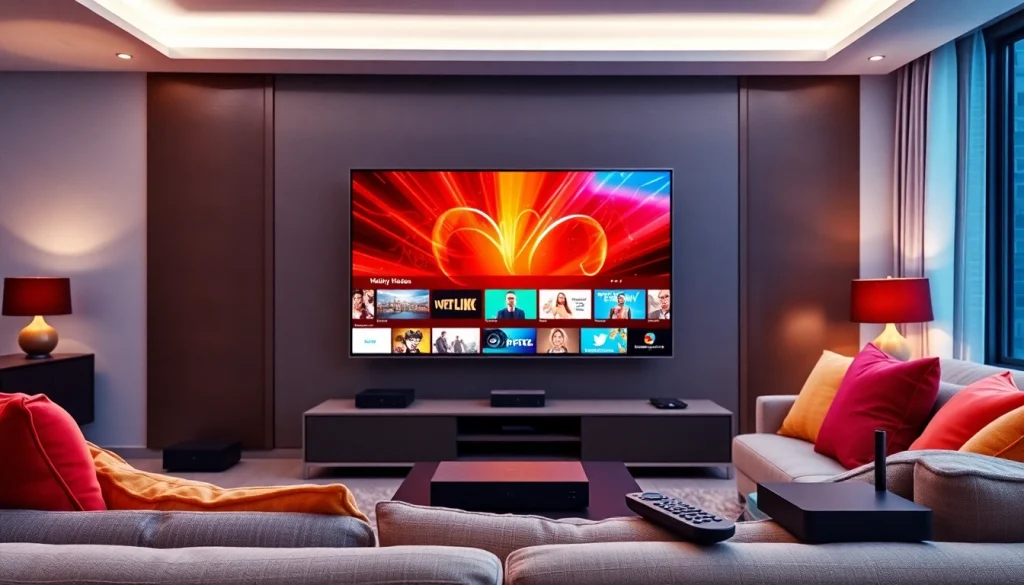 Comprar Listas IPTV con un moderno salón y un televisor mostrando canales vibrantes.