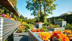 Utilize galvanized raised beds in a vibrant garden flourishing with colorful plants and vegetables.