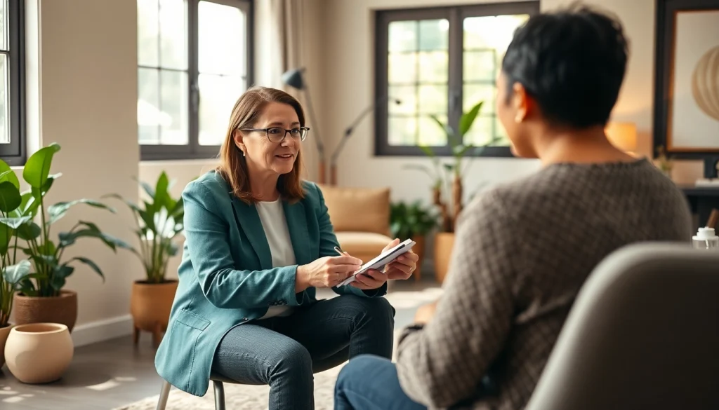 Engaged attachment theory coach actively listening to a client in a serene office setting.