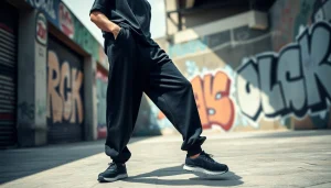 Showcasing a stylish model in black baggy sweatpants on an urban backdrop, emphasizing streetwear fashion.