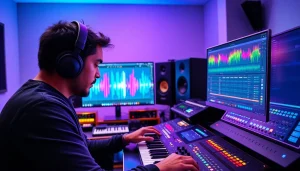 Crafting dynamic UK Bass serum presets in a vibrant studio setting with advanced equipment.