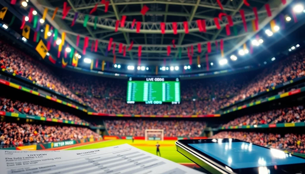 Engaging scene of spectators enjoying Live Odds in a vibrant sports stadium setting.