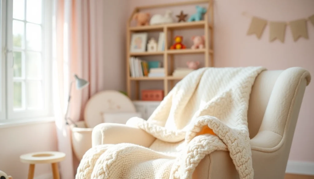 Showcasing a soft, cozy baby blanket draped on a rocking chair in a serene nursery.