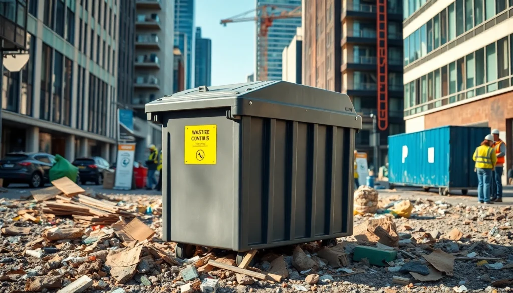 Wynajem kontenera na odpady zmieszane Katowice z dynamiczną scenerią miejską w tle.