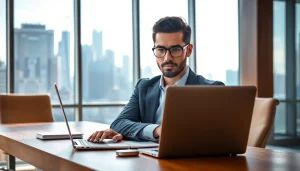 Headhunter Hagen bei der Arbeit in einem modernen Büro mit Stadtblick.