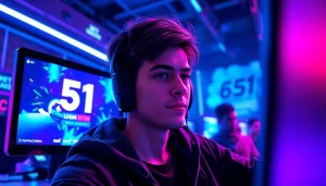 Experience the excitement of 51 game login with a dynamic gamer immersed in e-sports visuals.