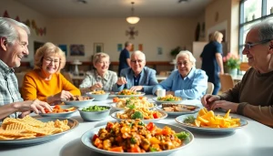 Engaged seniors savoring meals from the henderson nv senior center menu in a vibrant dining space.