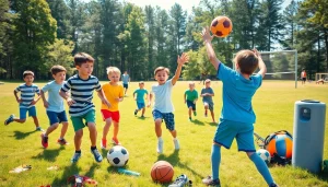 Active boys participating in Multi Sports Camps for Boys with various sports equipment and an energetic atmosphere.