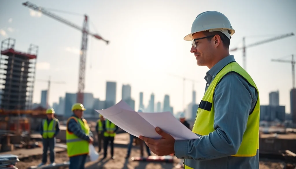 Action shot of a New Jersey Construction Manager overseeing workers at a busy construction site.