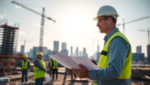 Action shot of a New Jersey Construction Manager overseeing workers at a busy construction site.