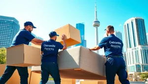 Movers in Toronto efficiently lifting a sofa during a residential move in a vibrant urban setting.
