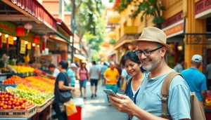 Thailand eSIM-Tarife: Ein freundlicher Verkäufer empfiehlt Datenpakete für Touristen im lebhaften Markt.