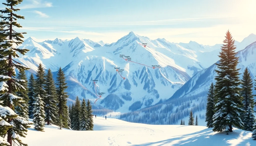 View a detailed ski map of Canada showcasing ski areas and resorts in a snowy landscape.