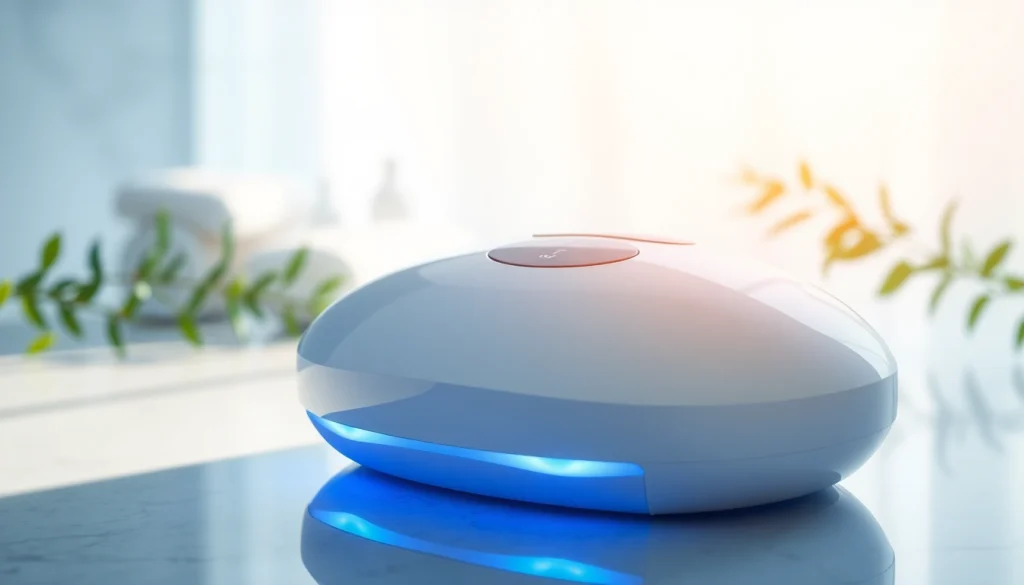 Promotional image featuring the Quasar MD PLUS LED therapy device in a tranquil setting.