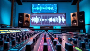 Bass one shot samples displayed in a vibrant music studio setting with modern audio equipment.