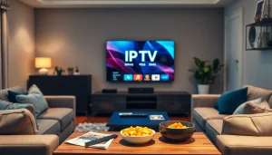 Comprar IPTV en un acogedor salón moderno con un televisor y accesorios de entretenimiento.
