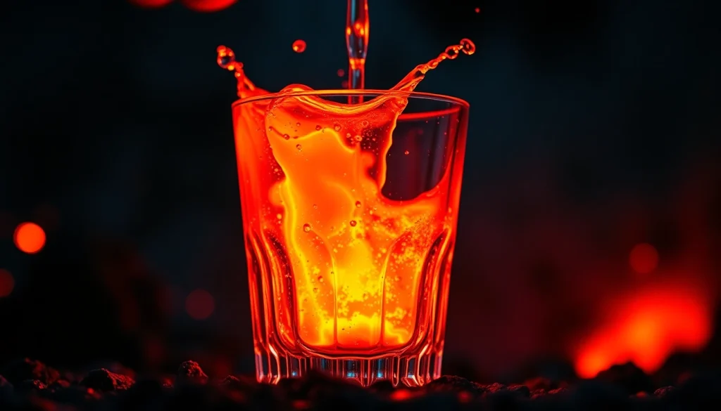 Lava Pure in a crystal glass, showcasing glowing volcanic lava against a dark background.