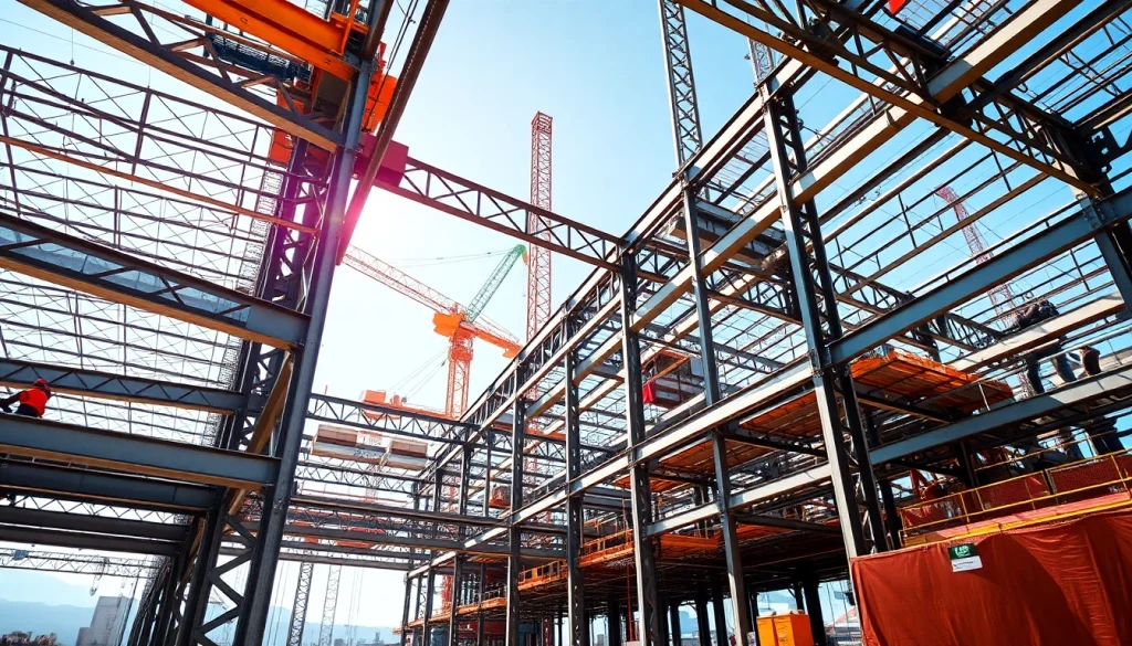 Engaging scene of steel structure design showcasing intricate beams in a modern construction site.
