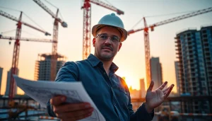 Manhattan Construction Manager directing a busy construction site with blueprints and workers in action.