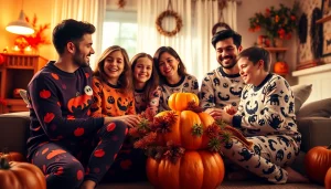 Family enjoying Halloween pajamas while celebrating in a cozy living room ambiance.