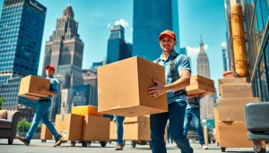 Queens movers efficiently relocating furniture amidst the vibrant backdrop of the Queens skyline.